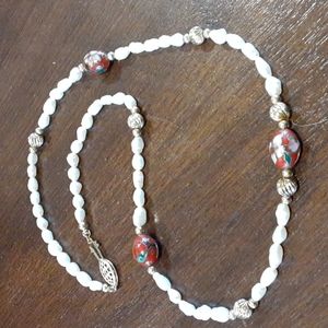 Rice Pearl Necklace with Cloisonne Beads 19"
